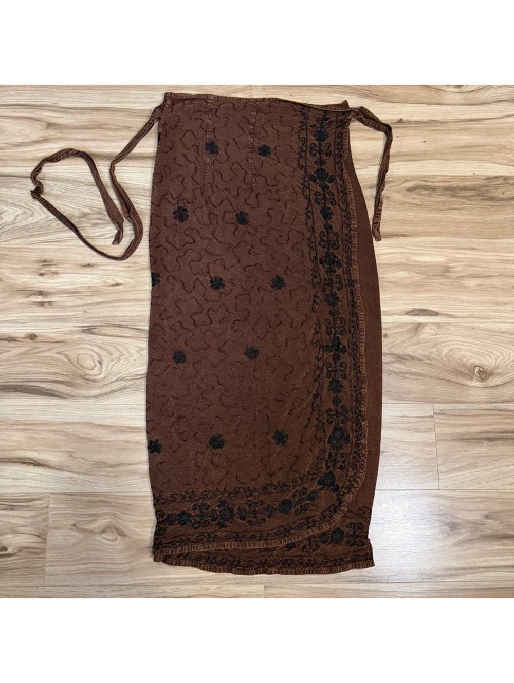 Embroidered Wrap Maxi Skirt Brown Free Size